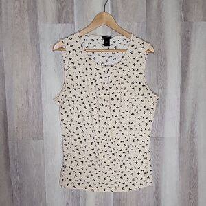 Ann Taylor Womens Large Sleeveless Blouse Floral‎ Keyhole Pleated Cream